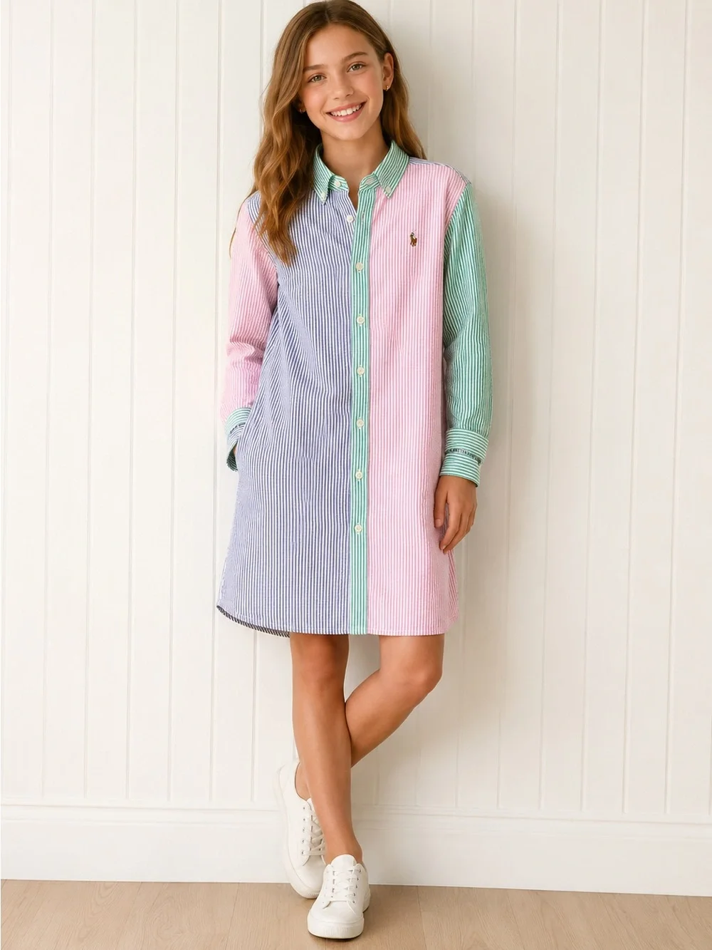 Ralph Lauren Striped Colorblock Shirt Dress — Pink, Blue & Green Size 12